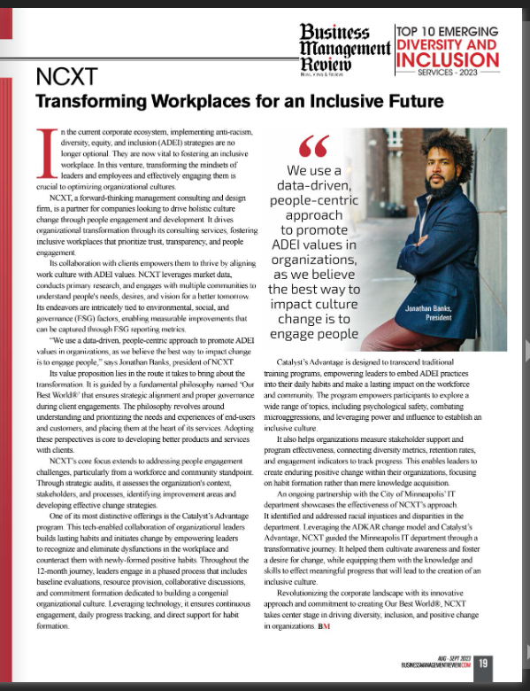 JonathanWBanks's tweet photo. Our commitment at @ncxtdotco to #ADEI has been recognized by the Business Management Review, and we couldn't be more proud! 🙌

Check out the mag here: https://t.co/uAQkQjibsV https://t.co/IkOdUxeXOn