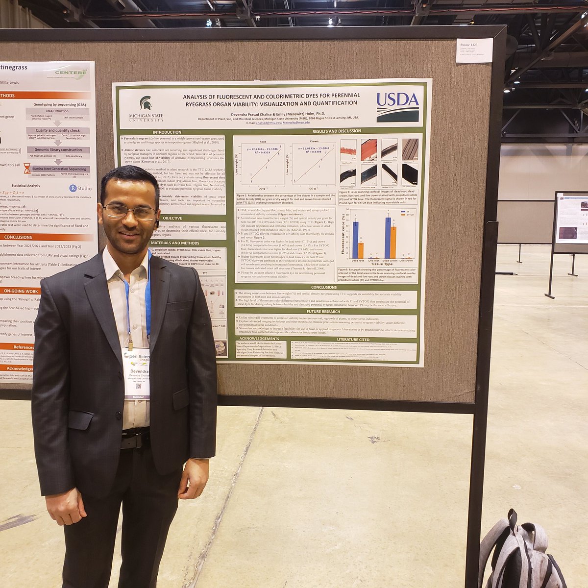 DevendraChalis3's tweet photo. Just presented my research as a poster on Perennial ryegrass organ Viability and  gave an oral presentation on ice encasement responses at the 2023 ASA, CSSA, and SSSA conference in St. Louis. Met amazing researchers and caught up with friends. # Research # Turfgrass # MSU# https://t.co/DyLWNqzl0E