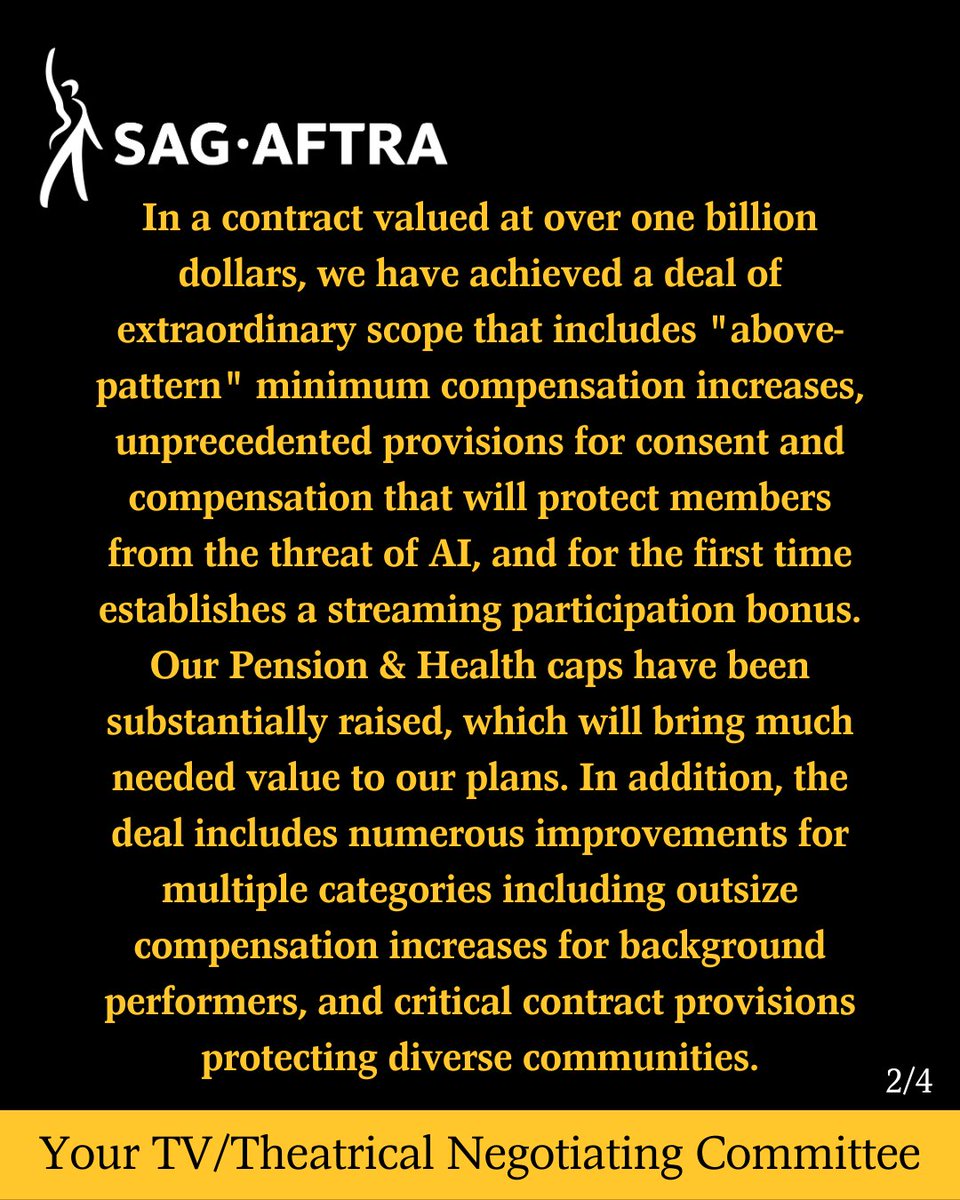 In a contract valued at over one billion dollars, we have achieved a deal of extraordinary scope that includes 'above-pattern' minimum compensation increases, unprecedented provisions for consent and compensation that will protect members from the threat of AI,...