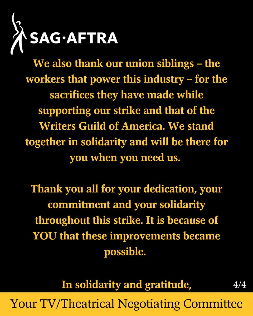 We also thank our union siblings — the workers that power this industry — for the sacrifices they have made while supporting our strike and that of the Writers Guild of America. We stand together in solidarity and will be there for you when you need us.