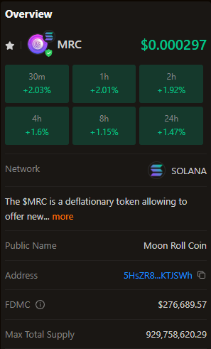 Everyone is hyped on SOL tokens lately but not much hype for the hidden gem $MRC by <a href="/moonroll/">Moon Roll</a>

A $276k MC deflationary token which has burnt 7% of total supply and counting which is backed by casino revenue.

Stake it to earn a share of $350 daily plus have a shot at the jackpot!