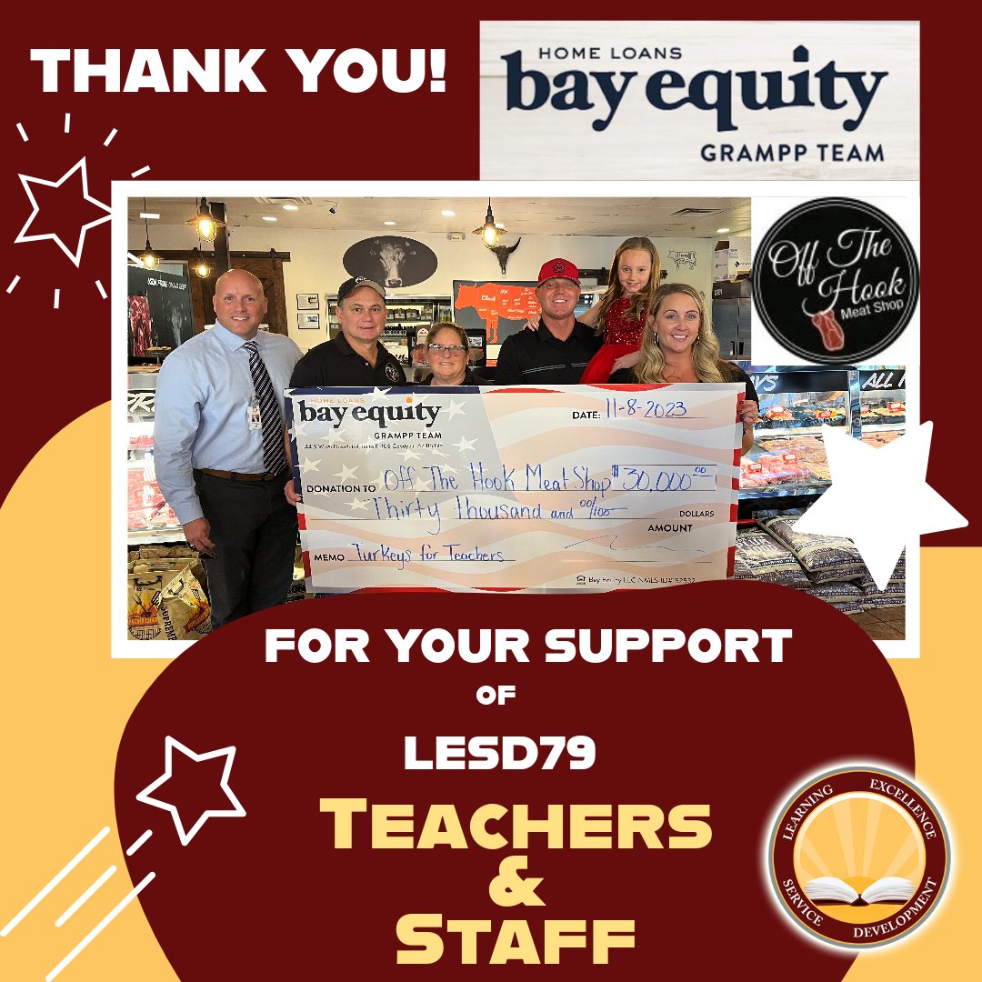 #LESD79 Thanks Kevin Grampp &amp; his team from Bay Equity Home Loans in collaboration with Off the Hook Meat Shop for raising $30K to provide 1000 FREE TURKEYS to teachers &amp; staff. His dedication &amp; support of educators is truly appreciated! #LESD79Community