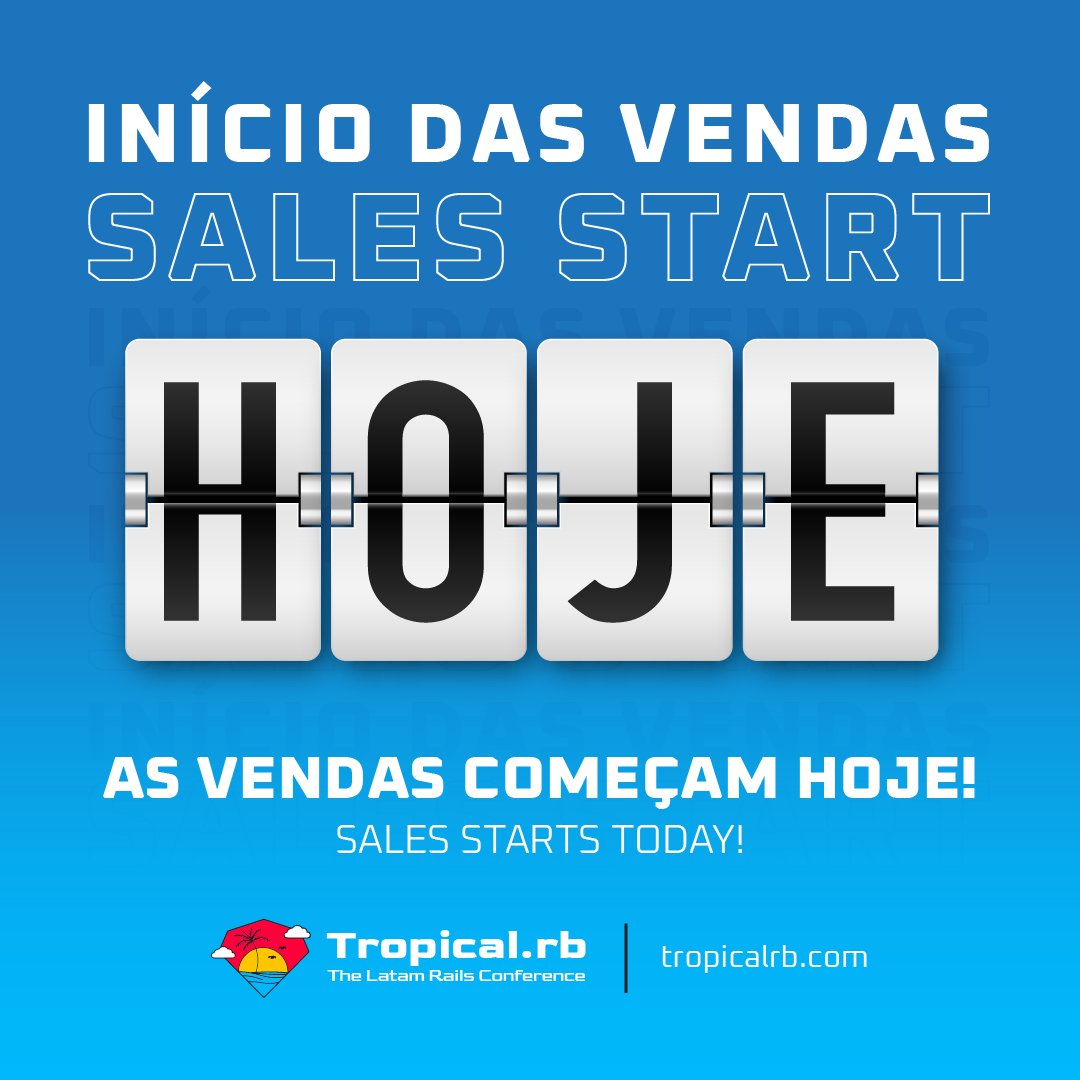 Tropical on Rails (@tropicalonrails) on Twitter photo Tickets available TODAY at noon!!! ⏳
É HOJE PESSOAL!!!
As vendas começam ao meio-dia ⏳
#tropicalrb Tickets available TODAY at noon!!! ⏳
É HOJE PESSOAL!!!
As vendas começam ao meio-dia ⏳
#tropicalrb