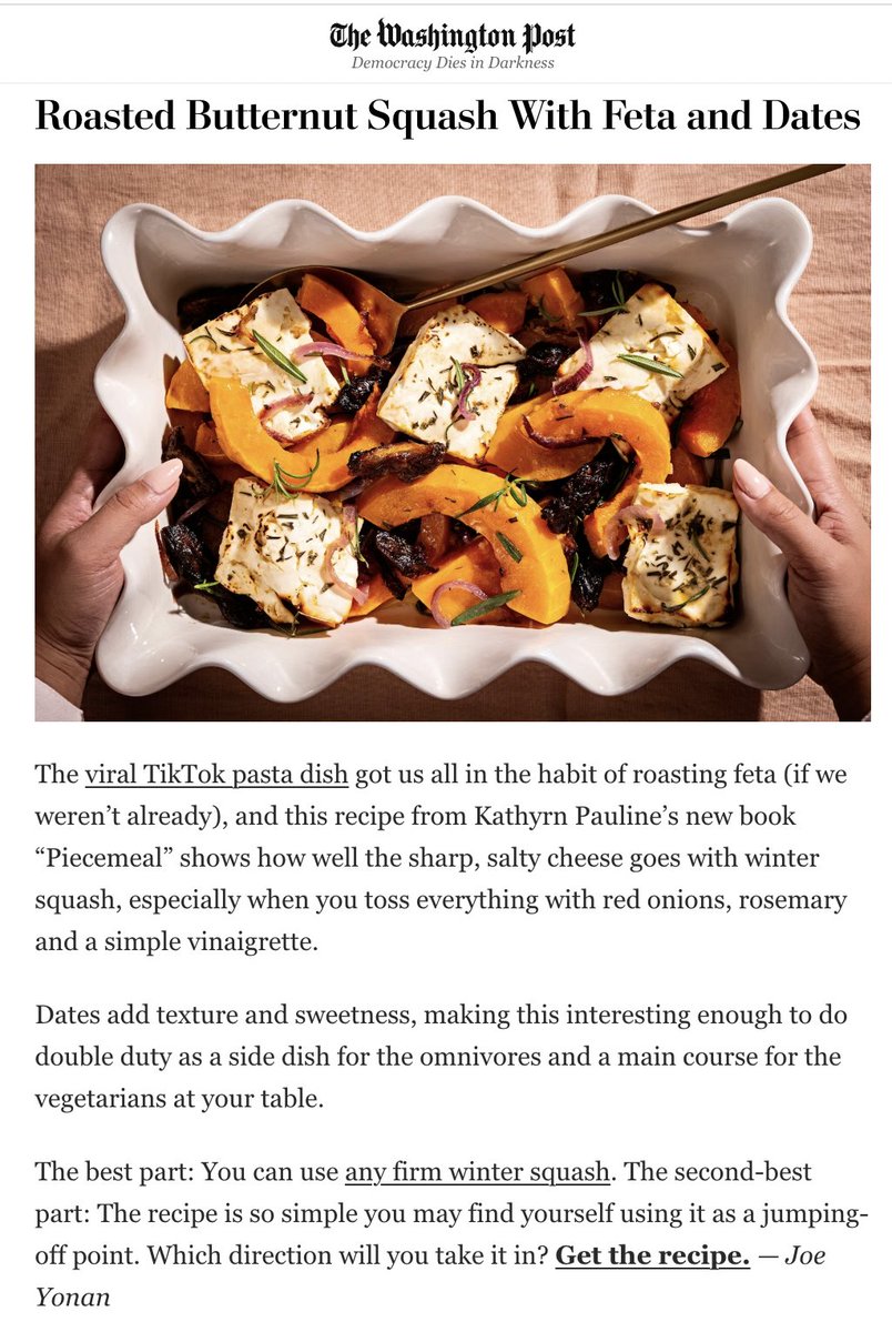 'Recipe from Kathyrn Pauline’s new book 'Piecemeal' shows how well feta goes with winter squash, tossed with red onions, rosemary & a simple vinaigrette. Dates add texture & sweetness' @drbjchem1 @MetzCulinary 
#GardenStateonYourPlate #lunchislearning washingtonpost.com/food/2023/11/0…
