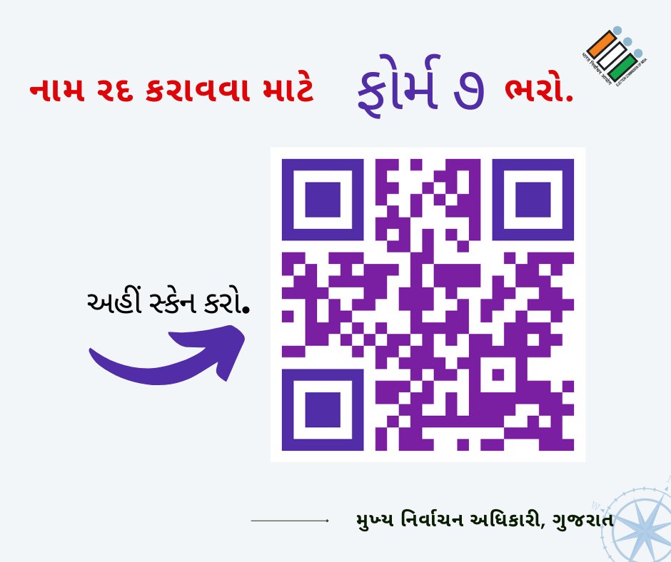 CEOGujarat's tweet photo. જો તમારું નામ એક કરતા વધુ જગ્યાએ નોંધાયેલ છે, તો આજે જ એક જગ્યાએ થી નામ કમી કરાવ​વા ફોર્મ ૭ દ્વારા અરજી કરો.

(નોંધણી ખૂબજ સરળ છે.) #SSR2024 #ECI #ECISVEEP #youngvoters #Gujarat

@SpokespersonECI
@ECISVEEP
@PIBAhmedabad
@DDNewsGujarati https://t.co/vmSkCPlSYm