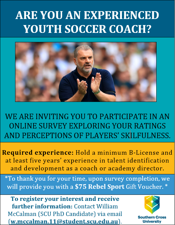 🚨⚽️Attention Academy Soccer Coaches! ⚽️🚨

We are currently recruiting experienced youth soccer coaches for a research project that we are conducting to assess the skill of talented youth soccer players. 

Further information below ⬇️ please like and repost!