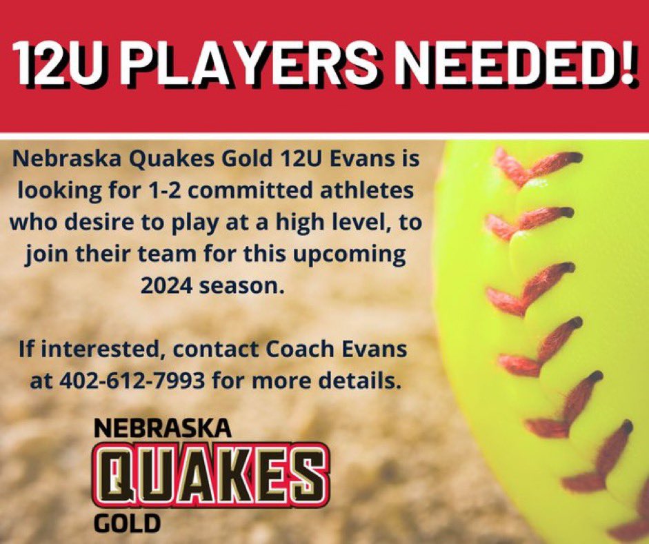 We've got a couple spots open on a 12U Quakes Gold team-please reach out to Coach Evans with any questions or interest.