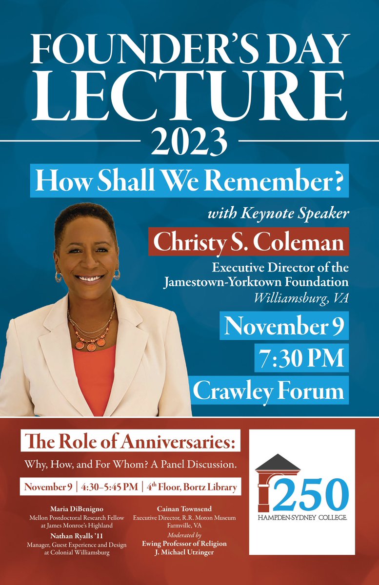 MonroeHighland's tweet photo. Tomorrow afternoon and evening at Hampden-Sydney. Sure to be great discussions. See Highland’s post doc @mxdibe on the panel at 4:30 on the role of commemorative anniversaries. https://t.co/v769HlHEPA