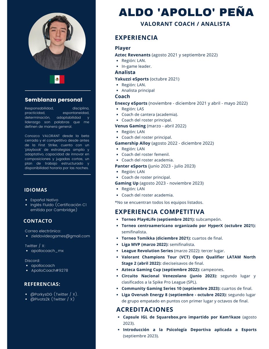 apollocoach_mx's tweet photo. Anuncio que me encuentro nuevamente F/A como VALORANT coach/analista para futuras competencias en LAN o LAS de cara al 2024, experiencia tanto en el varonil como en el femenil, para más información mi DM se encuentra abierto. @BusquedaEsports #BusquedaEsports https://t.co/vDVysZE25V