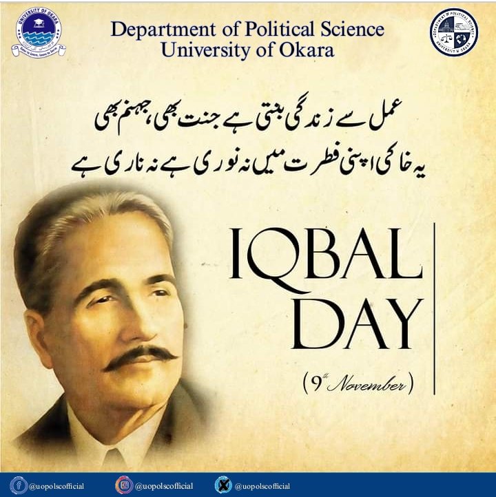 UOPolScOfficial's tweet photo. Dr. Allama Muhammad Iqbal is the National Poet of Pakistan.A poet, philosopher, politician, lawyer, and scholar, Iqbal was born on November 9, 1877, in Punjab, Pakistan, to Kashmiri parents and educated at Scotch Mission College in Sialkot.#IqbalDay2023 https://t.co/Nv9ACfK4PO