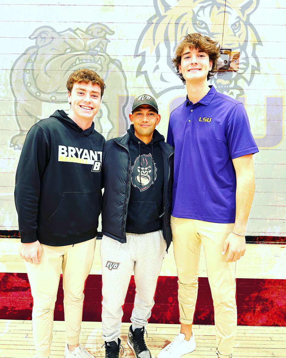 I’m huge. 🤣 Congrats to these @EVOBaseballMA monsters @CamPapetti (Bryant University) @MavrickRizy (LSU) on signing their letter of intent. Thank you for the years and bringing me on your journeys. I’m grateful for you both. Looking forward to seeing you both at the next…