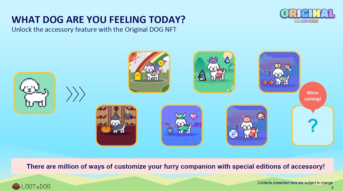 LOOTaDOG's tweet photo. 🚀 LOOTaDOG ORIGINAL NFT
🐕Having an original NFT will 🔓unlock the accessory function and take customization to the next level. 🐾
💎Mix, match, and make your virtual pet truly yours! 🐶 Customization your DOG now begin! 🌈 #LOOTaDOG #NFT #CustomizationFun https://t.co/mTN7reJr19