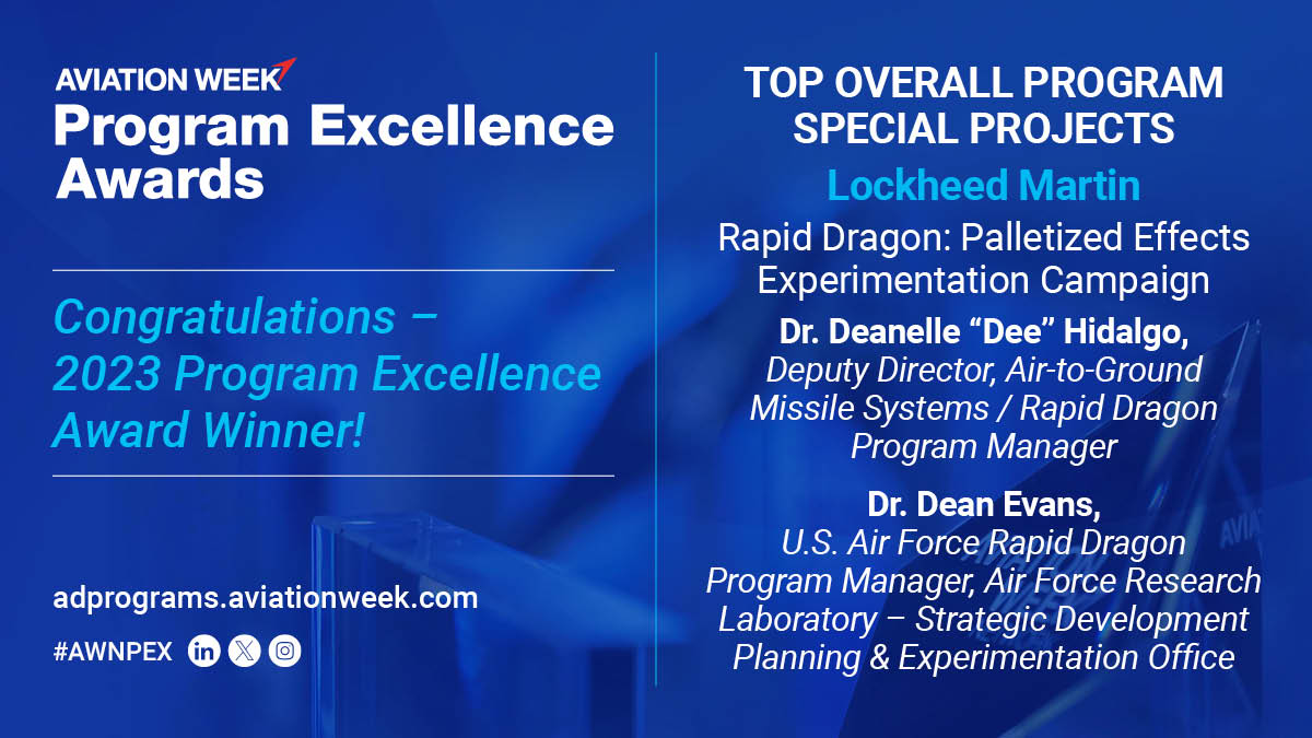 AvWeekEvents's tweet image. Out of 5 incredible finalists, the Program Excellence Evaluation Team has awarded Lockheed Martin’s Rapid Dragon: Palletized Effects Experimentation Campaign as the Winners for Top Overall Program Special Projects.

#AvWeekPEX #ADPrograms #AviationWeek #lockheedmartin