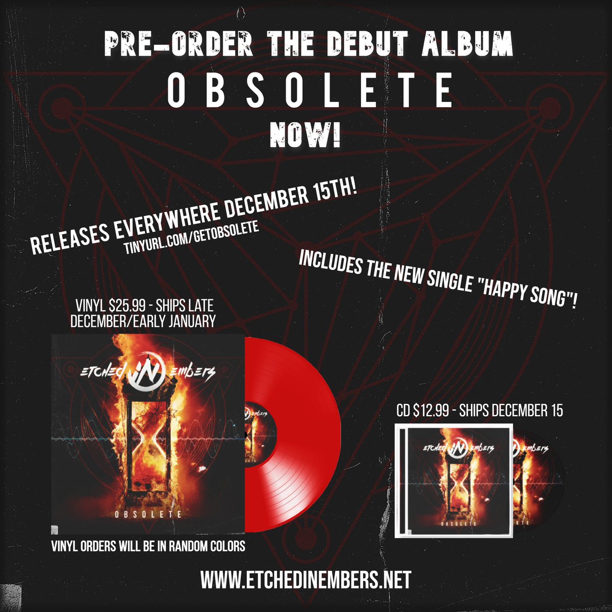 IT’S FINALLY TIME!

@EmbersEtched DEBUT ALBUM “Obsolete” releases everywhere December 15th! It’s available for pre-order NOW so go secure your Obsolete CD or VINYL! All VINYL will be signed!

PRE-SAVE link: distrokid.com/hyperfollow/et…

PRE-ORDER link: etchedinembers.net/store