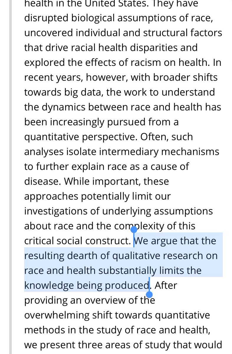 There is such important work being done examining the dynamic relationship between structural racism & health. Yet most use quantitative approaches, excluding qualitative (or mixed) approaches as @HyeyoungNelson
 & @KarenLutfey eloquently describe here: