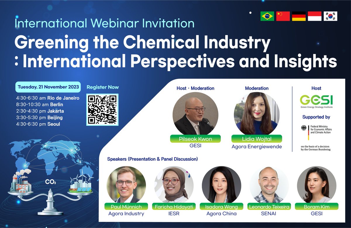 Join our webinar on Nov 21st to gain valuable insights into the global efforts for Chemical Industry Decarbonization. Explore perspectives in 🇧🇷🇨🇳🇩🇪🇮🇩🇰🇷 from @senaicetiqt , #Agorachina, #Agoraindustry, @AgoraEW, @IESR and @GESI_Korea 🌍 Register today: t.ly/g1jeq