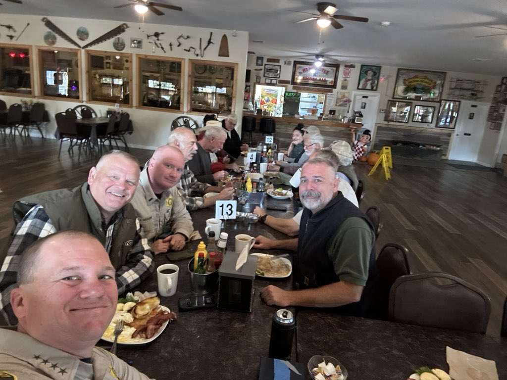 SheriffPogue's tweet photo. Enjoyed a fantastic breakfast with our retired brothers &amp; sisters from the CHP and Sheriff’s Office at the Hitching Post. Kudos to the new owners for upholding great quality and service! It’s these gatherings that weave the fabric of our #LawEnforcement community. #MaderaStrong https://t.co/rXg24S4CJ1