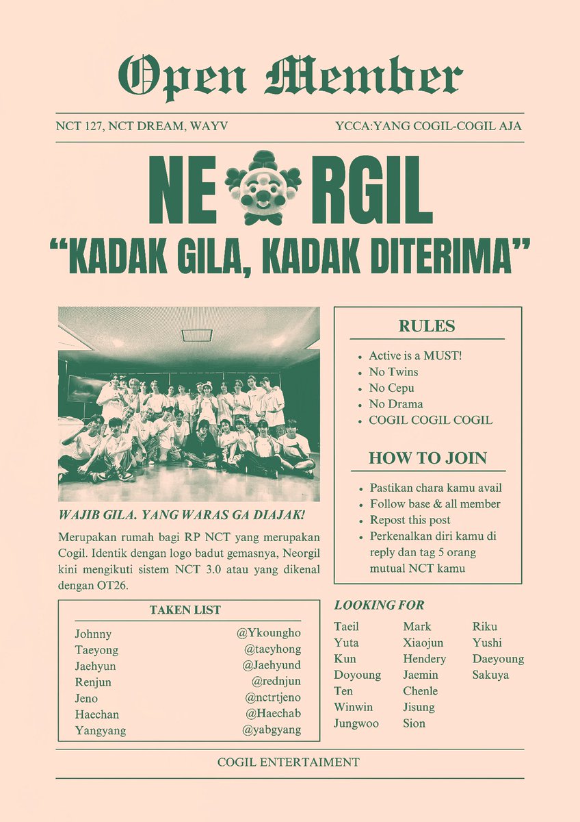 yushinctwish's tweet image. ⠀
Salut! Sebuah panggilan untuk para RP NCT yang belum memiliki rumah untuk bergabung dengan 𝗧͟𝗵͟𝗲͟𝗡͟𝗲͟𝗼͟𝗿͟𝗴͟𝗶͟𝗹. Info yang kamu butuhkan sudah tertera pada poster tersemat.

Kriteria terpenting untuk bergabung adalah: 𝗪𝗮𝗷𝗶𝗯 𝗚𝗶𝗹𝗮. Repost akan diapresiasi.
⠀