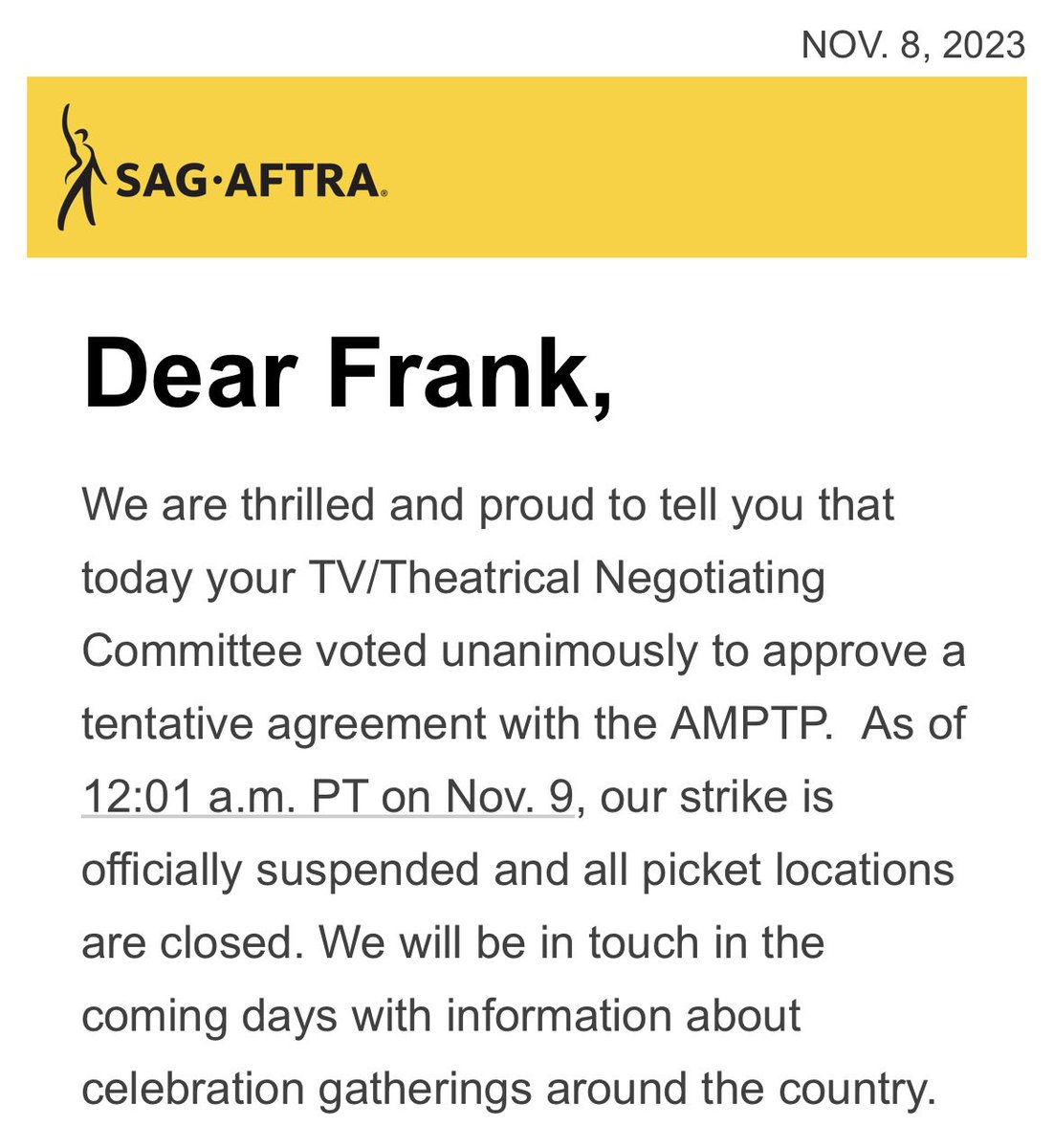 THANK YOU so much to our negotiating team and to everyone involved at every level!! To the future, folks! Cheers🥃 @sagaftra #sagaftra #sagaftrastrong