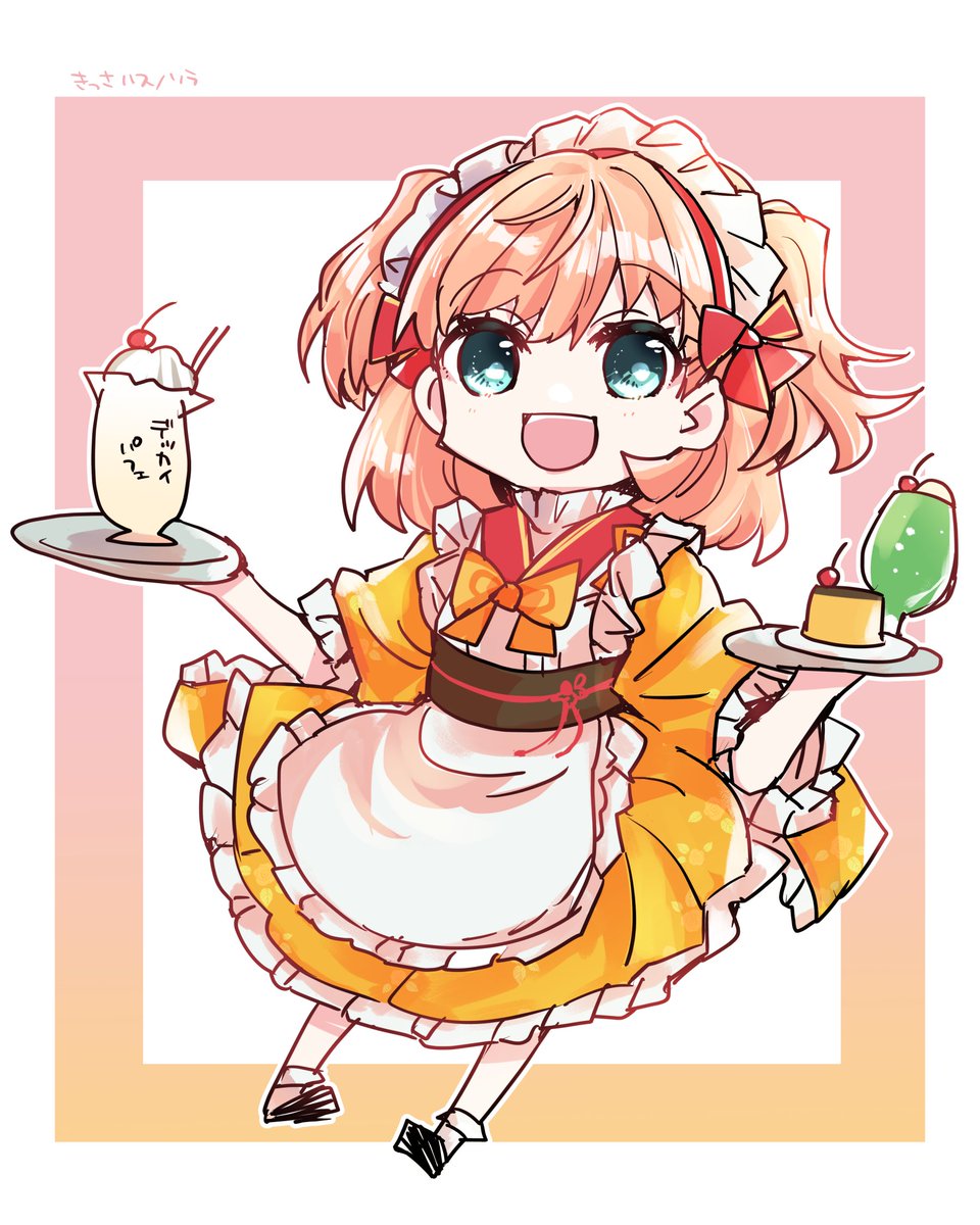 1girl wa maid tray food japanese clothes maid headdress cherry  illustration images