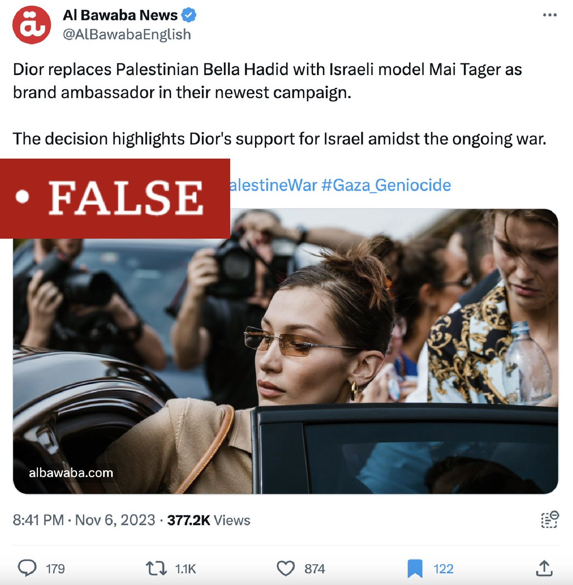 The viral claim that Dior has dropped US model Bella Hadid as its brand ambassador due to her pro-Palestinian views is false.

Her contract with Dior ended in March 2022 and was not extended, fact-chekced by <a href="/karenaphan/">Karena Phan</a>.

apnews.com/article/bella-…
