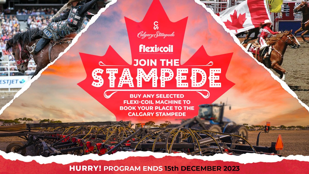 Join our Stampede! Buy select models between Sept 15' and Dec 15, '23, for a chance to win a Canada trip. Explore Fleixcoil's equipment production site and witness the iconic Calgary Stampede in July '24. Info at flexicoil.com.au/deals/join-the…. 🇨🇦🤠🛒