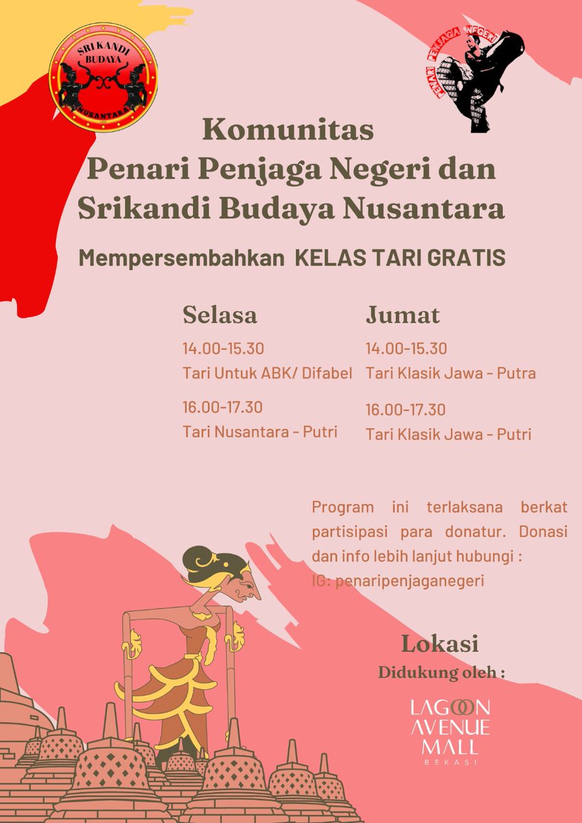 Yuk ikut *latihan tari GRATIS*  mulai 10 November 2023 -Jumat.
.
Sanggar *Srikandi Budaya Nusantara (SBN)* &amp; *Penari Penjaga Negeri (PPN)*
Di Lagoon Avenue Mall, Bekasi.
Map :
maps.app.goo.gl/aMHqsGu2piB1UM…
.
Jadwal Latihan:
*Selasa*
- jam 14 - 15.30 : tari untuk ABK /Difabel khususnya