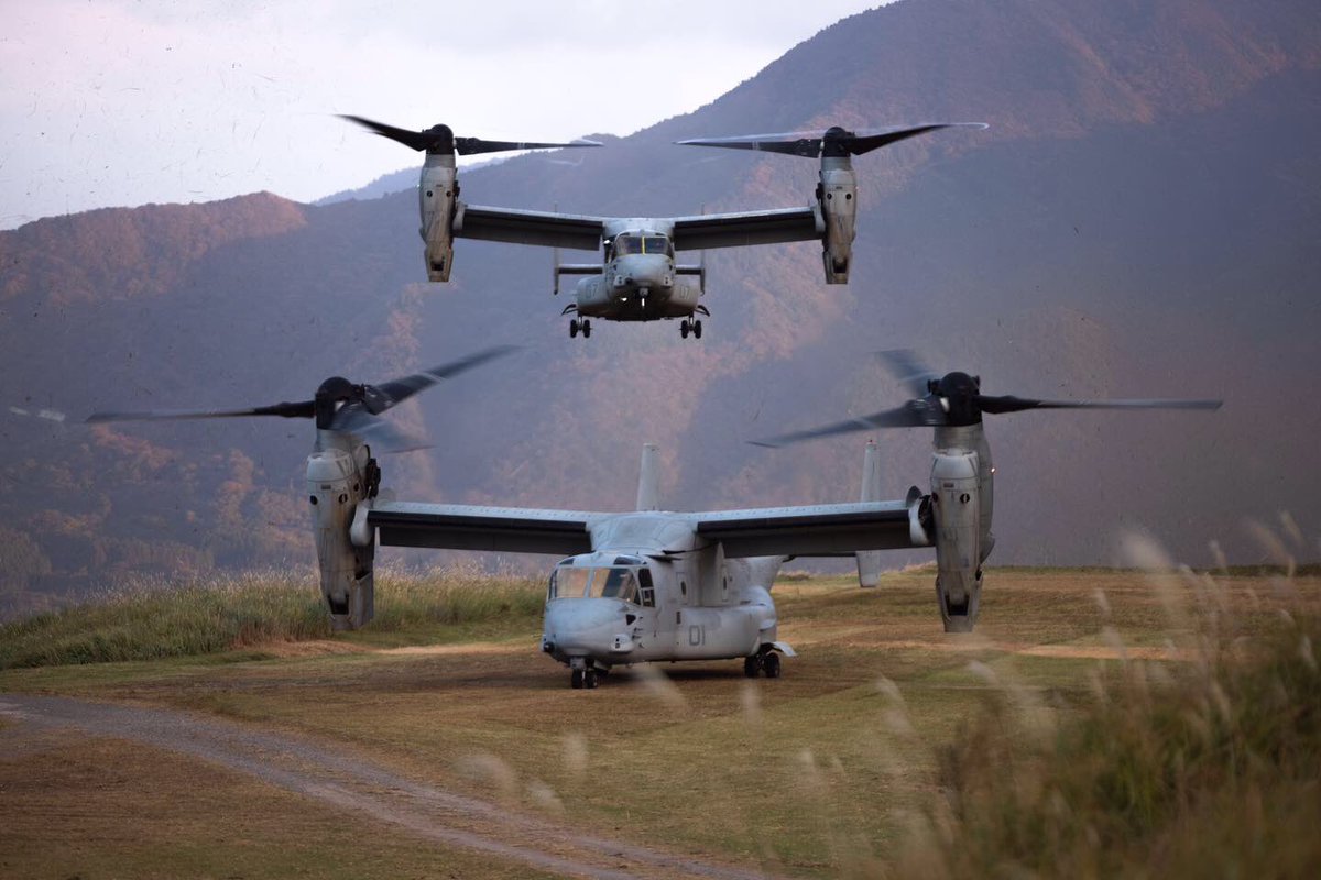 Boneyardsafari's tweet photo. How about some Marine Aviation action? MV-22’s from VMM-262, landing during a field training exercise portion of Resolute Dragon 23 at Hijyudai Maneuver Area, Oita, Japan, Oct. 2023. #mv22 #osprey #vmm262 #resolutedragon23 #marineaviation #aviationsafari #boneyardsafari https://t.co/jCEJpTDF8X