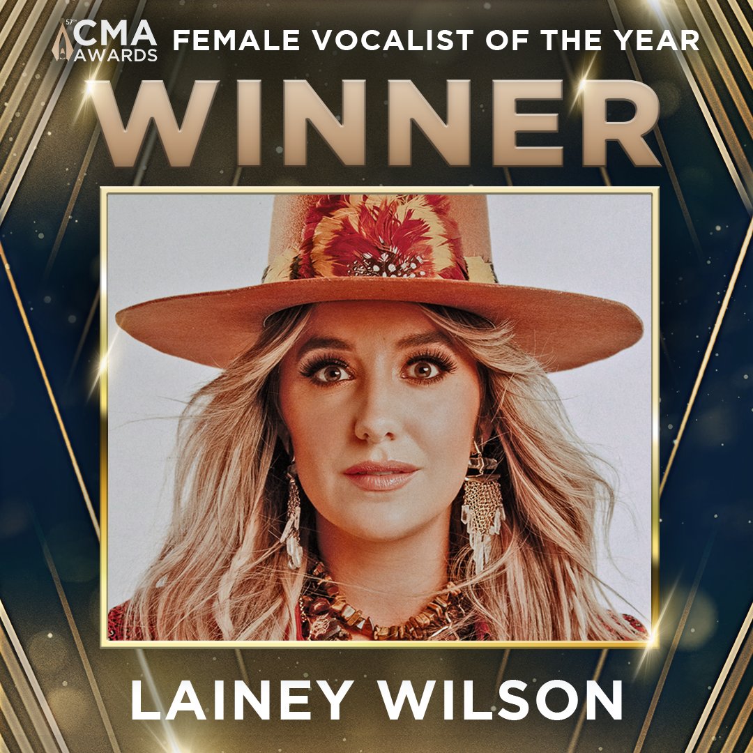 Your 2023 #CMAawards Female Vocalist of the Year goes to REIGNING winner, @LaineyWilson! That’s ✌️ in a row! Join us in congratulating Lainey on this win! 💖✨
