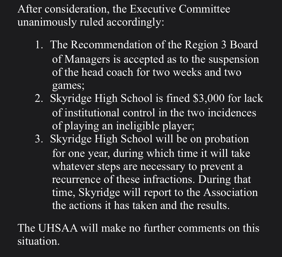 Just received a press release from <a href="/UHSAAinfo/">UHSAA</a> regarding the Skyridge/PG controversy. Skyridge played an ineligible player for two games, including last week’s win over PG. the Vikings contested the ruling that suspended Skyridge coach Justin Hemm &amp; asked for a forfeit to no avail