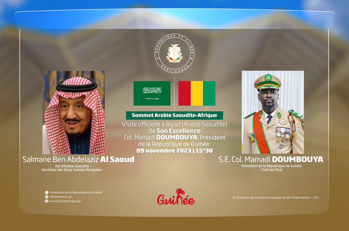 🔴𝐃𝐞́𝐩𝐚𝐫𝐭 𝐝𝐮 𝐏𝐫𝐞́𝐬𝐢𝐝𝐞𝐧𝐭 𝐝𝐞 𝐥𝐚 𝐑𝐞́𝐩𝐮𝐛𝐥𝐢𝐪𝐮𝐞, 𝐂𝐡𝐞𝐟 𝐝𝐞 𝐥'𝐄́𝐭𝐚𝐭, 𝐩𝐨𝐮𝐫 𝐥𝐞 𝐒𝐨𝐦𝐦𝐞𝐭 𝐀𝐫𝐚𝐛𝐢𝐞 𝐒𝐚𝐨𝐮𝐝𝐢𝐭𝐞 - 𝐀𝐟𝐫𝐢𝐪𝐮𝐞

▶️Jeudi 09 novembre 2023 | 15H30

#PresidenceGN