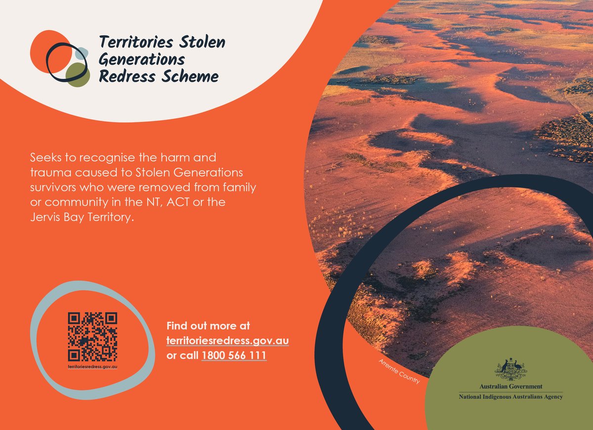 Stolen Generations survivors who were removed as children from their families and or communities in the NT or the ACT (before self-government) or the Jervis Bay Territory, can apply for redress. The Scheme is open for applications until 28 February 2026. territoriesredress.gov.au