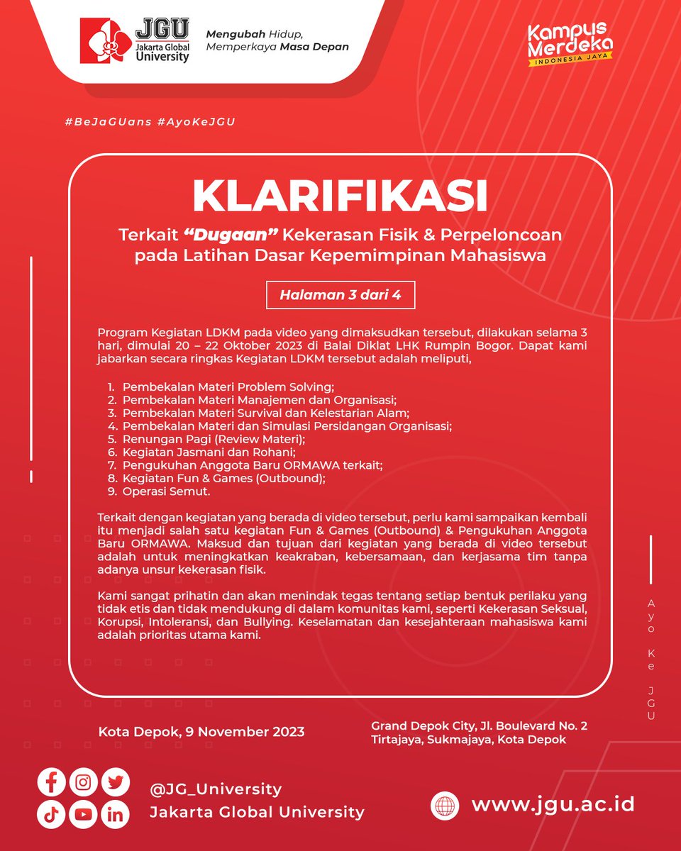 JGU_University's tweet photo. @indo_dailynet Klarifikasi Terkait “Dugaan” Kekerasan Fisik &amp; Perpeloncoan pada LDKM. Seiring beredarnya informasi yang kurang akurat, kami ingin memberikan klarifikasi resmi terkait Kegiatan Latihan Dasar Kepemimpinan Mahasiswa (LDKM) di Universitas Global Jakarta. 

https://t.co/rG9aqQSgwO https://t.co/6pFra5MnKK