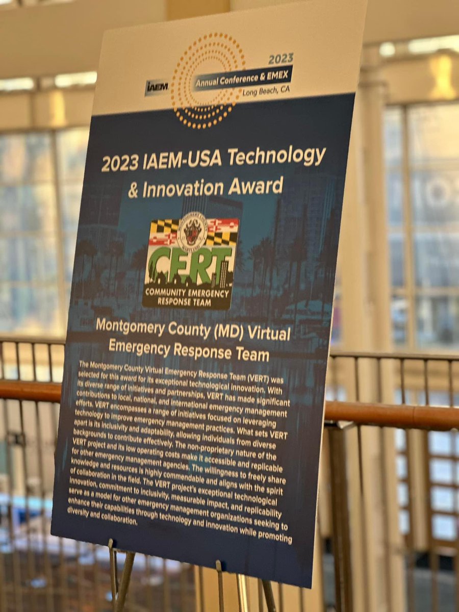 Congratulations to our very own Steve Peterson <a href="/EmergencyComms/">Steve Peterson</a> and the Montgomery CERT VERT team for winning the IAEM-USA Technology and Innovation Award. #montgomerycountymd
#cert 
#montgomerycert 
#ieamusa
#vert