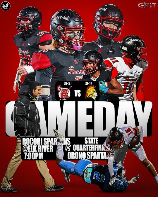 GAME DAY‼ State Quarterfinals!
Rocori Spartans (8-2) vs. Orono Spartans (9-1)
⏰ 7pm 📍Elk River
🎟 tinyurl.com/4z9fcn6k (ONLINE TICKETS ONLY!)
📺 nspn.tv/MSHSL/GameStre…
🔈KNSI 1450am 99.3 FM
Camo/Blaze Orange 🟠 Rat Pack Theme 
#GRiT