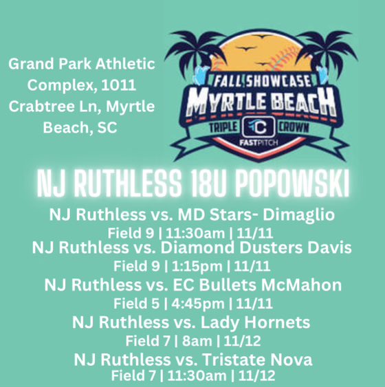 My team and I are headed down to Myrtle Beach this weekend to compete at the Triple Crown Showcase!! Here  is my schedule!!🥎🏖️