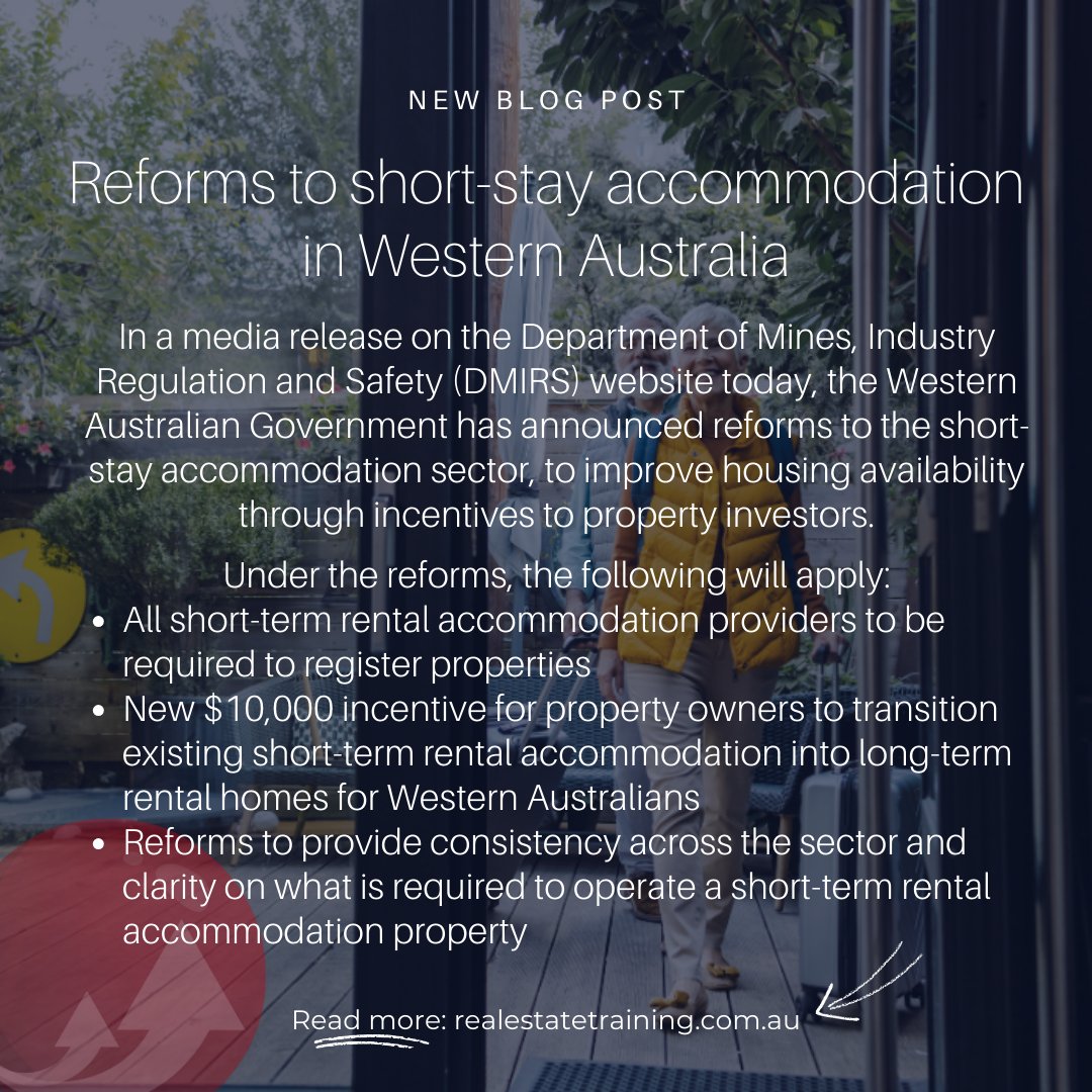 AustralianRETC's tweet photo. NEW BLOG POST: Reforms to short-stay accommodation regulation in Western Australia 🌴🏠🧳

Read more: Link in bio ('Blog') 🔗

#realestatenews #shortstayaccommodation #shorttermaccommodation #holidayletting #vacationrentals #airbnb #westernaustralia #dmirs #wadmirs
#realestatewa https://t.co/aC9TgM9hm5