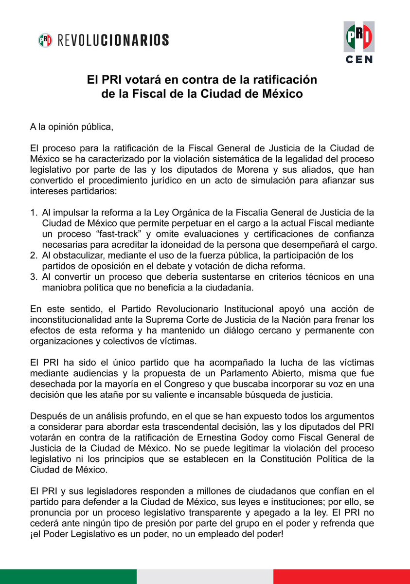 jhoncolre's tweet photo. Les comparto que después de escuchar a todas las voces que se nos acercaron y a más de 200 víctimas, el PRI ha decidido votar en contra de la ratificación de la fiscal Ernestina Godoy. 

Nuestro partido siempre velará por las mejores condiciones de vida y jurídicas para nuestras vecinas y vecinos. 🇲🇽👊🏻