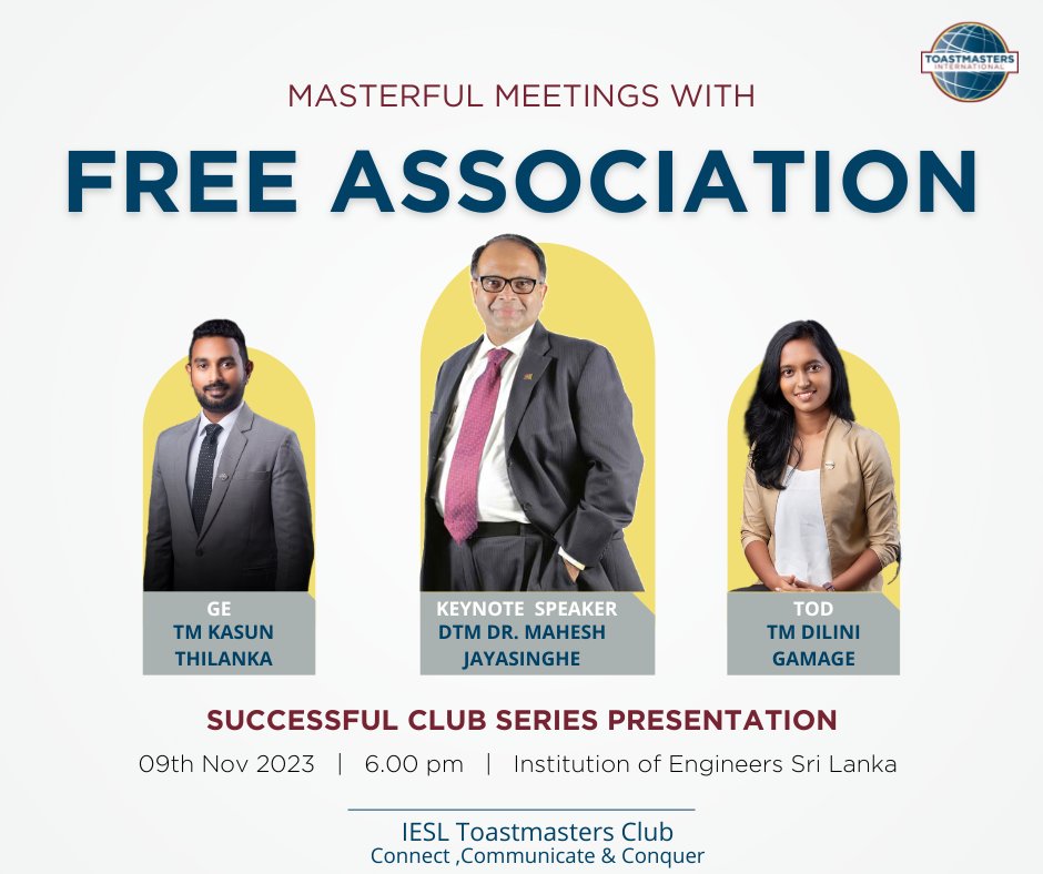 Get ready for an amazing experience filled with growth and learning in our 10th educational meeting!🎉 
Our educational session on 'Mastering Meetings with Free Association' is going to be a game-changer! Don't miss out on this invaluable opportunity. 

#Toastmasters #iesl