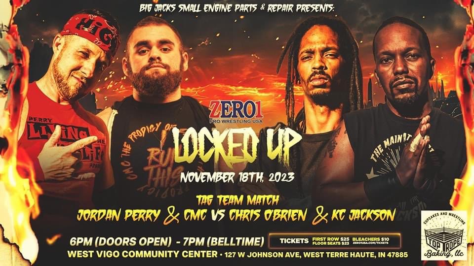 The_KCJackson's tweet photo. November 18, 2023 Terre Haute, IN Chris O’Brian and myself have unfinished business! @Zero1USAcom #BetterThanTheRest #wrestling #zero1 #indiana #cmc #jordanperry #kcjackson https://t.co/1uqPEryTWK