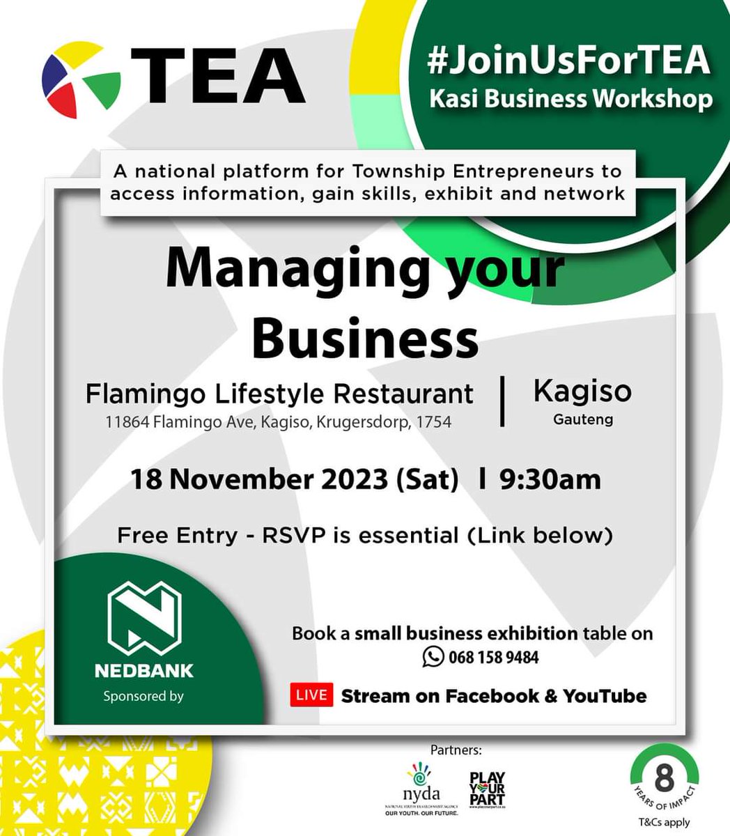 JoinUsForTEA's tweet photo. ATTENTION! Kagiso Entrepreneurs 

#JoinUsForTEA in Kagiso, Krugersdorp for the TEA Kasi Business Workshop, under the theme "Managing Your Business." This exciting workshop is designed for township businesses, focusing on practical strategies for the festive season and beyond. Learn how to plan for increased demand, optimize your finances, improve cash flow, market effectively, and set achievable goals for the new year. Let's empower our businesses and embrace the opportunities that lie ahead. Together, we can thrive and succeed in our vibrant township economy.

We're also hosting a Pitching Competition, with an amazing grand prize of R50 000.00! Invites will only be sent to attendees who have pre-registered to attend this workshop, the invites are sent 3 days prior to the workshop (Wednesday), so be ready to submit a captivating 1-minute pitch along with your compliance docs.

Got a small business you'd like to exhibit? We're offering free exhibition space on a first-come-first-serve basis. But hurry, we only have 8 spots available! For more info, WhatsApp us at the number provided on the flyer.

This workshop aims to bring together entrepreneurs in the township economy, equipping you with soft and practical skills for your business journey. Walk away inspired, with practical knowledge and a network of fellow entrepreneurs. 

Proudly sponsored by Nedbank and supported by Brand South Africa & NYDA.

Register Here:
https://t.co/Ezvo8atpmB

#townshipeconomy 
#smallbusiness #TownshipEntrepreneur
#entrepreneur