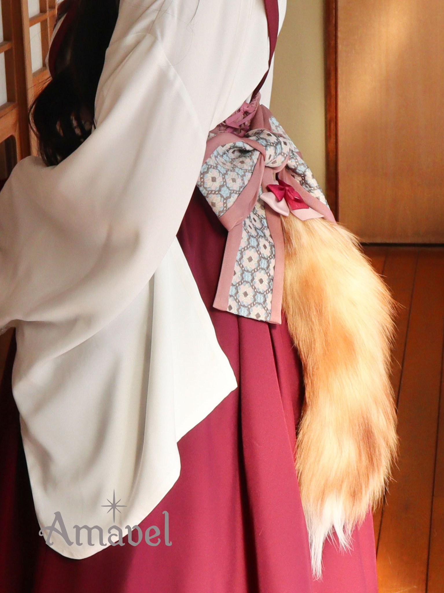 Amavel 月夜の狐と寒椿 和風ブラウス ブラック Amavel 月夜の狐と寒椿