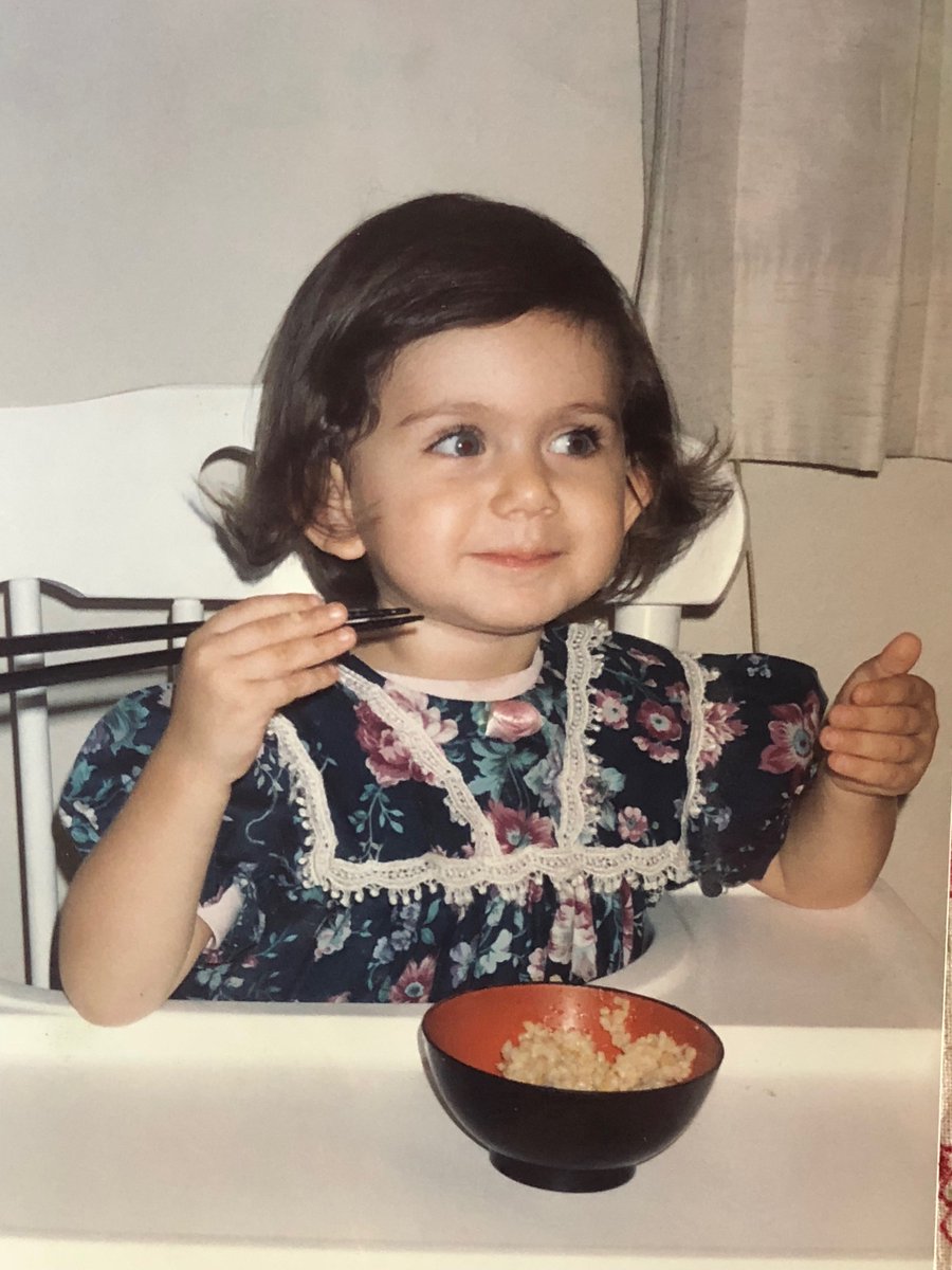 VictoriaFayad's tweet photo. Here’s a photo of me eating brown rice and gomasio with chopsticks in my high chair https://t.co/ryIAptTVsw