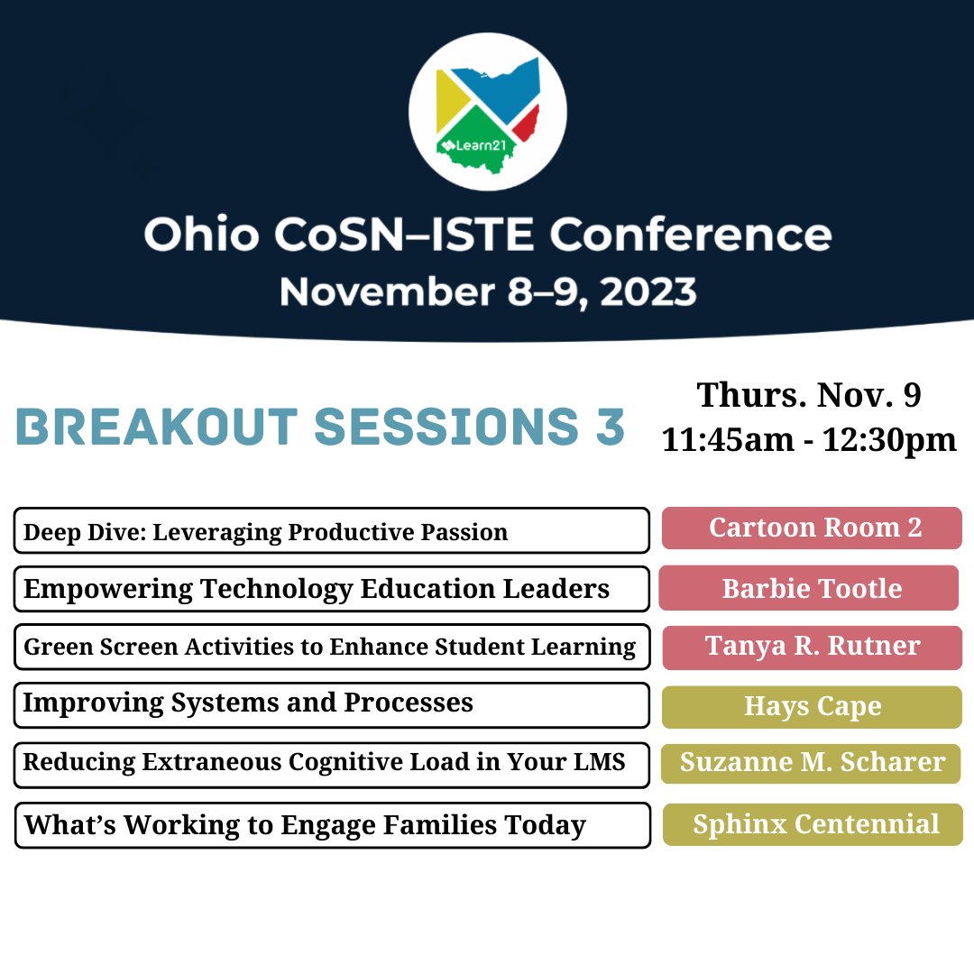 Learn21Team's tweet photo. Make your Session 3 plans! What is something that has stood out to you this morning? #learn21conf https://t.co/GWXsADt2Mg