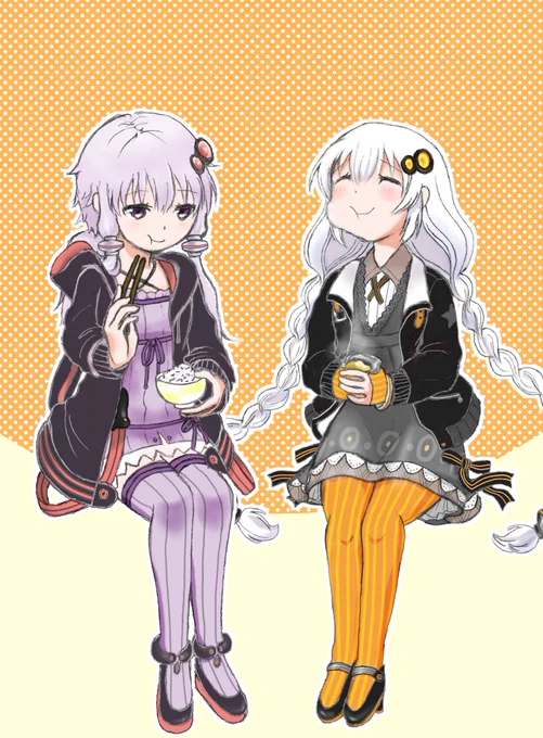 ソラさんのゆかりさんとあかりさん!ご飯、お芋をそれぞれモグモグして幸せそうだホー…( ◍>◡<◍)。✧【】 #piapro #結月ゆかり #紲星あかり