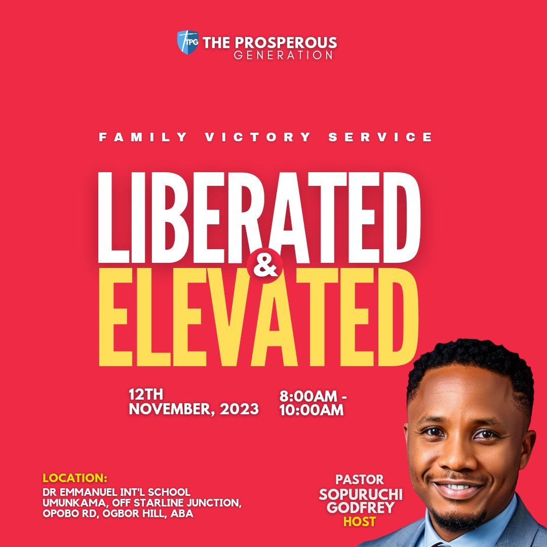 what belongs to you and yours. 
4. Come ready to testify. 
5. Come, for all things are ready for your liberation, victory and elevation.

Last Sunday was explosive. This sunday is an ERUPTION 💥💥🔥

#pastorsop #liberatedandelevated
#theprosperousgeneration #globalchurch