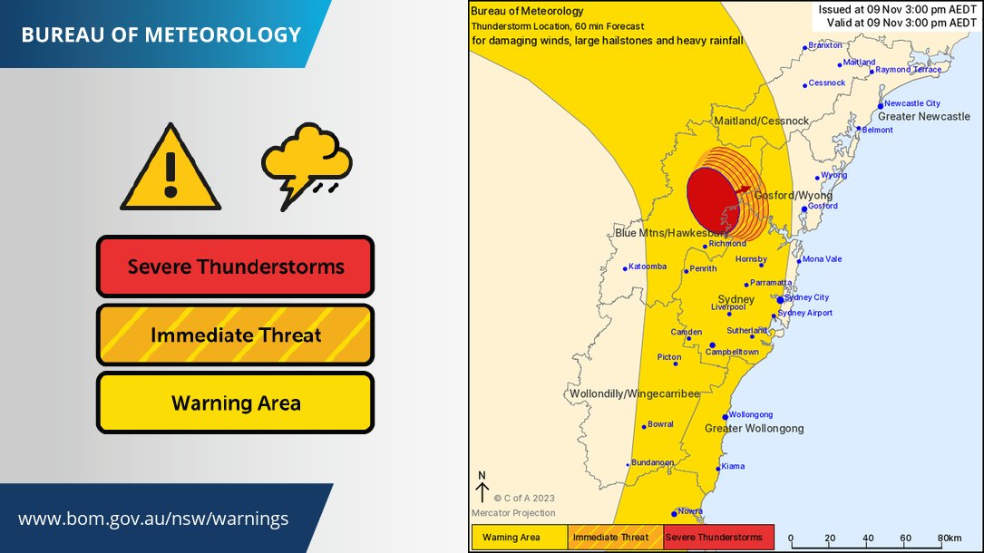 Detailed Severe Thunderstorm Warning update. DAMAGING WINDS, LARGE HAIL & HEAVY RAINFALL now possible. Cells moving slowly east may affect #StAlbans #WisemansFerry & #Maroota by 3:30 pm, & #Glenorie by 4:00 pm. Warning updates:ow.ly/QGyB50Q5MhH ☔⚡