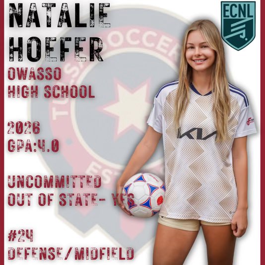 The final piece of our center back group is our #24 <a href="/natalie_hoefer/">Natalie Hoefer</a>. Nat is a freak athlete who is a stalwart in defense and when called upon, transitions to a huge attacking threat. 

<a href="/OU_WSoccer/">Oklahoma Soccer</a> <a href="/CowgirlFC/">OSU Cowgirl Soccer</a> <a href="/KStateSOC/">K-State Soccer</a> <a href="/KUWSoccer/">Kansas Soccer</a> <a href="/TulsaWSoccer/">Tulsa Women's Soccer</a> 
<a href="/ImYouthSoccer/">ECNL/GA/Recruiting/College Soccer</a> <a href="/ImCollegeSoccer/">College Soccer Truth ™</a>