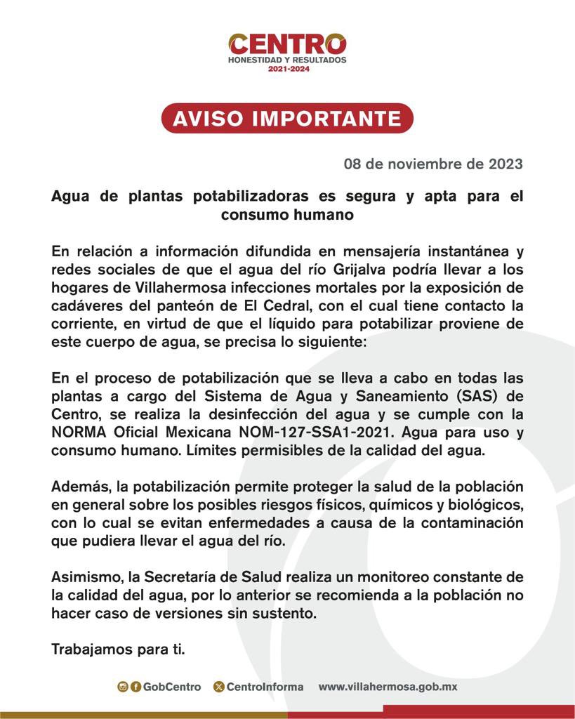 ConfirmadoTab's tweet photo. Alerta Ayuntamiento de Centro @GobCentro sobre información FALSA que circula sobre río Grijalva podría llevar a hogares de #Villahermosa infecciones mortales, precisa que Sistema de Agua Potable y Saneamiento SAS, cumple con normas oficiales en proceso de potabilización. https://t.co/EACGMZM7XM
