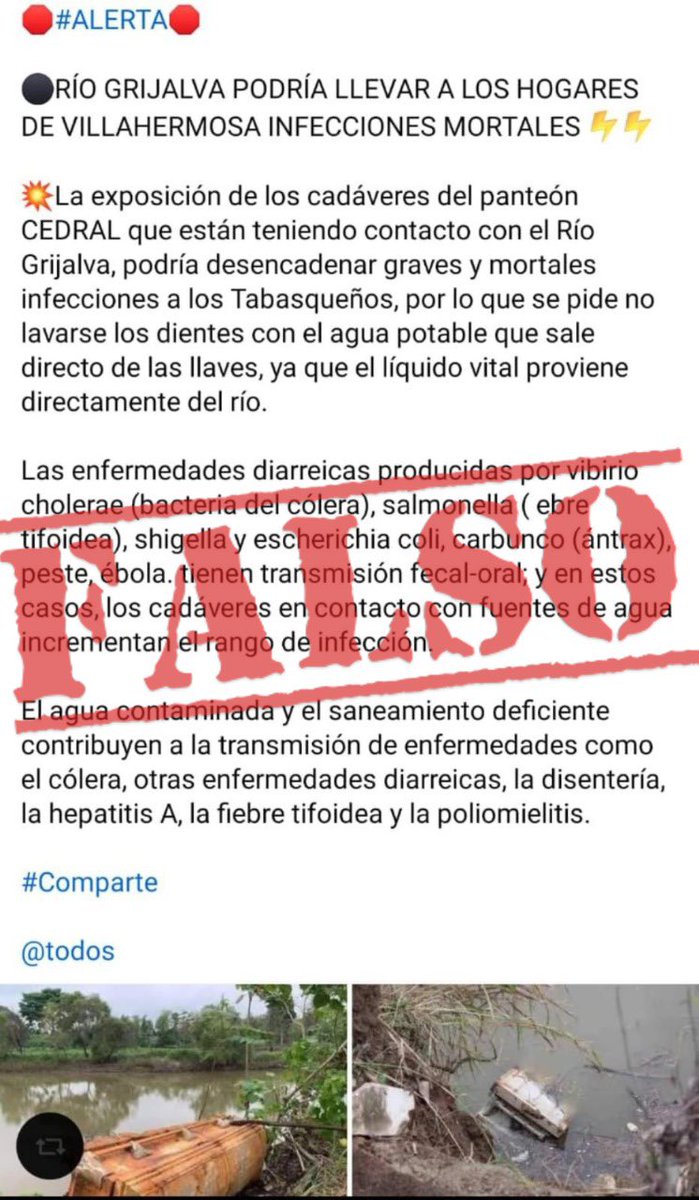 ConfirmadoTab's tweet photo. Alerta Ayuntamiento de Centro @GobCentro sobre información FALSA que circula sobre río Grijalva podría llevar a hogares de #Villahermosa infecciones mortales, precisa que Sistema de Agua Potable y Saneamiento SAS, cumple con normas oficiales en proceso de potabilización. https://t.co/EACGMZM7XM
